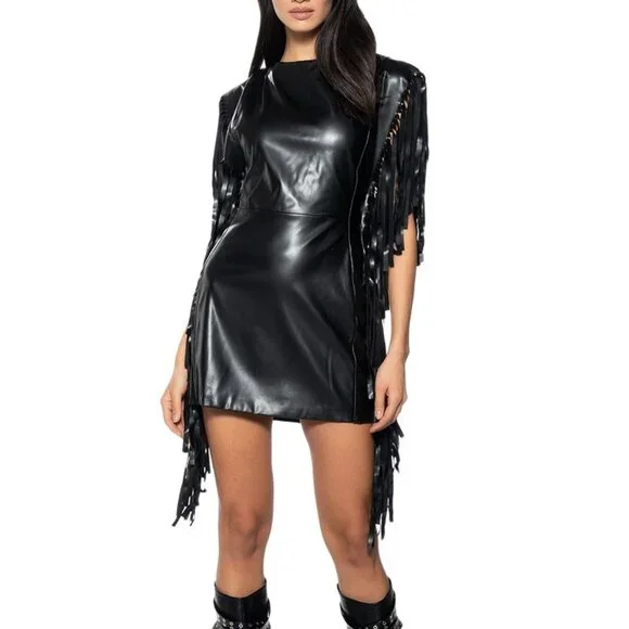 Xena Nashville at Night: Vegan Leather Black Fringe Mod Sheath Plunge Back Dress - Picture 4 of 6